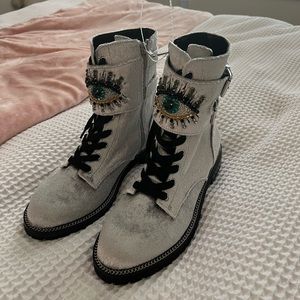 Kurt Geiger Sutton Embellished Eye Buckle Detail Fabric Booties